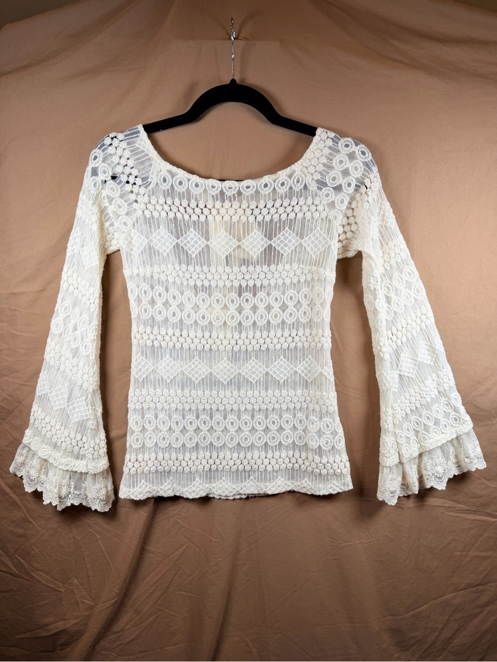 A'Reve Ivory Lace Bell Sleeve Top Boho Coquette Romantic Open Back M